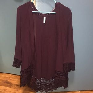 Maroon Cardigan with Lace Detail